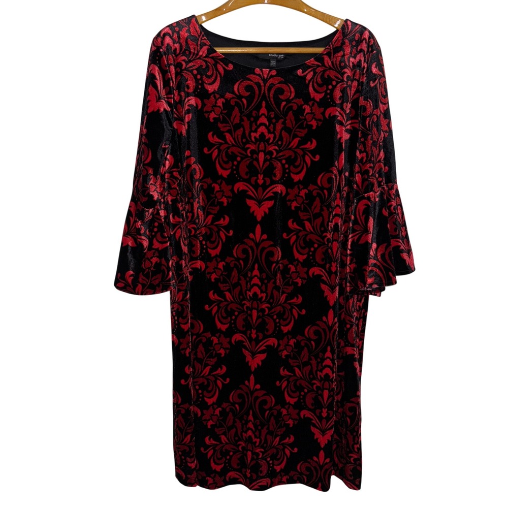 Studio One 22W Velvet Burnout Dress Red Black Whimsigoth Damask Bell‎ Sleeve - Picture 5 of 15